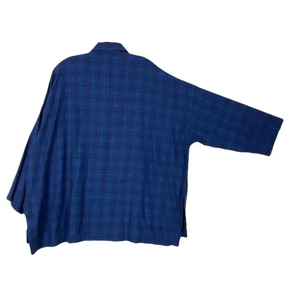 NWOT BLANQUE Top Shirt Tunic One-Size Blue Plaid Button-Up Long-Sleeve Slit-Side
